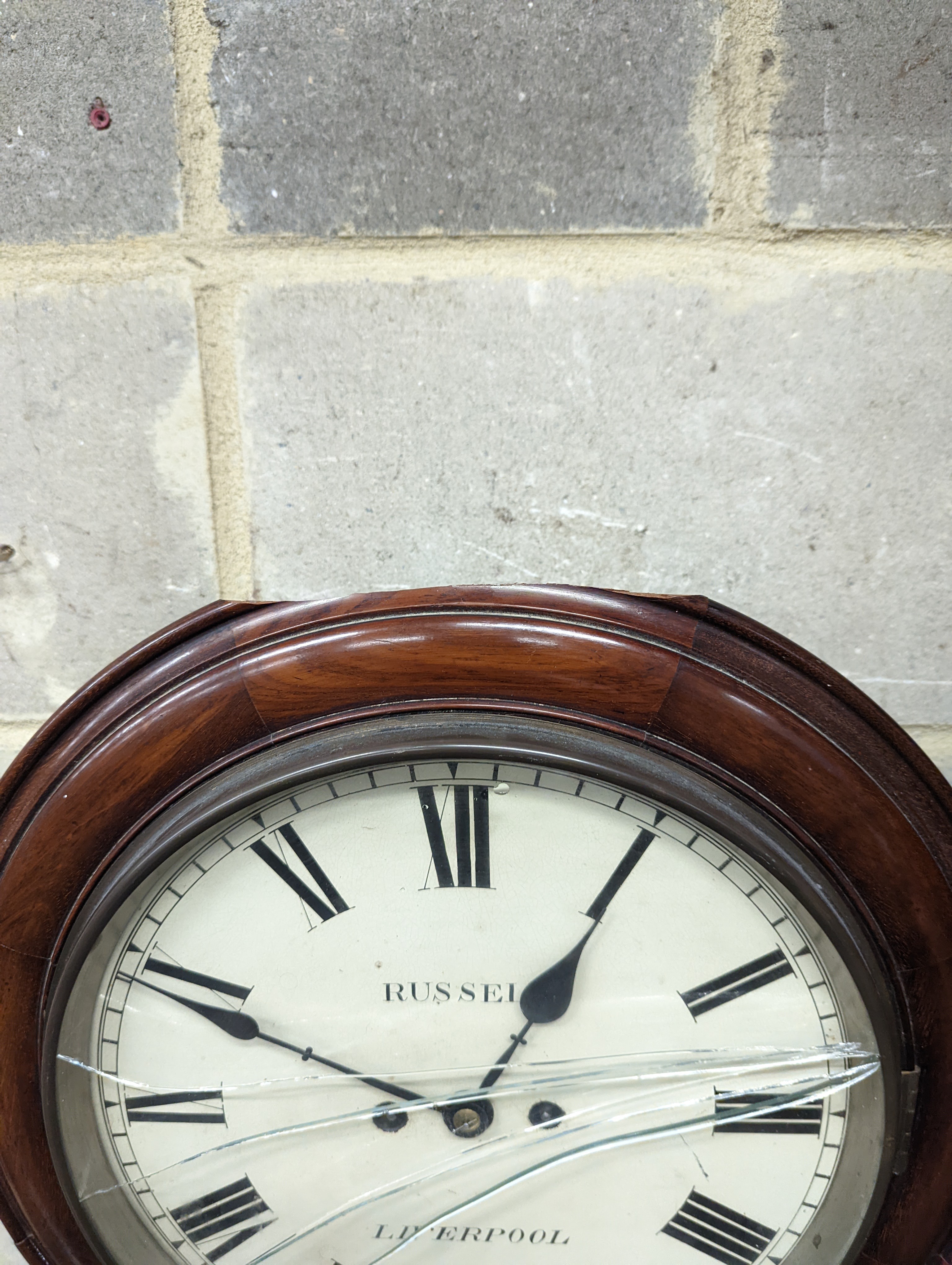 A Victorian mahogany drop dial wall clock, with twin fusee movement, and circular white painted Roman dial signed 